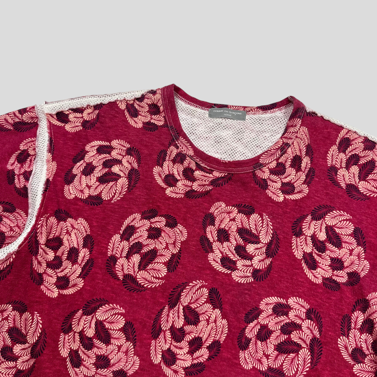 CDG Homme 2003 Feather Print Mesh Layered Technical T-shirt - M | Medium, Red