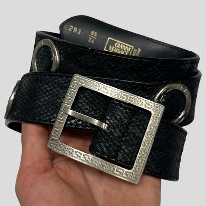 Gianni Versace 90’s Snakeskin Leather Greek Key Belt | O/S, Black
