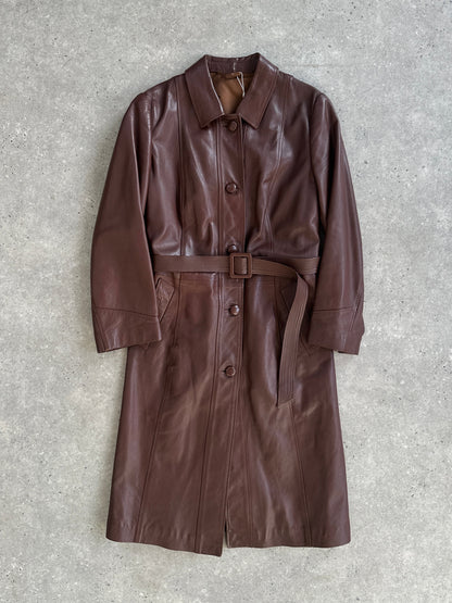 Vintage Smooth Leather Belted Trench Coat - M/L