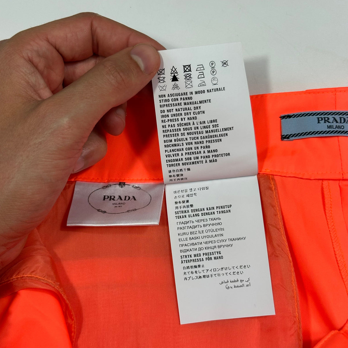 Prada Milano 2018 Orange Nylon Gabardine Triangle Logo Trousers - S/M | Small, Orange