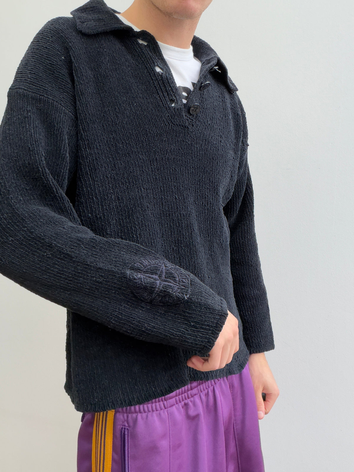 Stone Island SS97 Chenille Knit Button-Collar Jumper | Small, Black