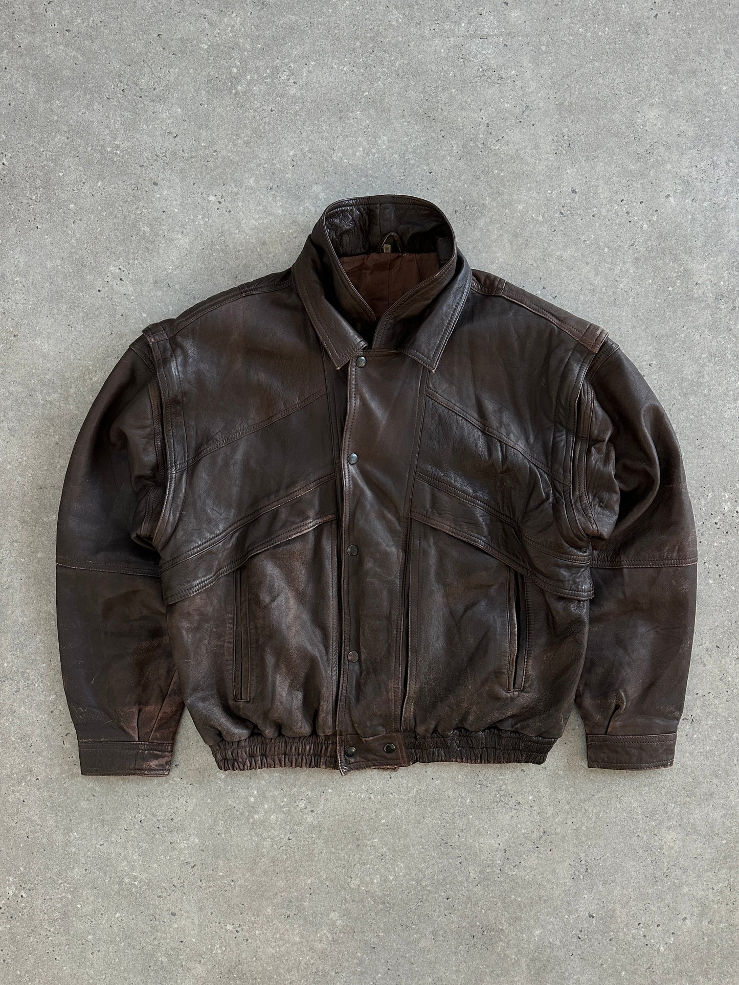 Vintage 1990s Aged Double Collar Leather Bomber Jacket - XL