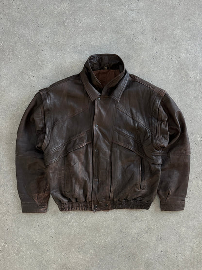 Vintage 1990s Aged Double Collar Leather Bomber Jacket - XL