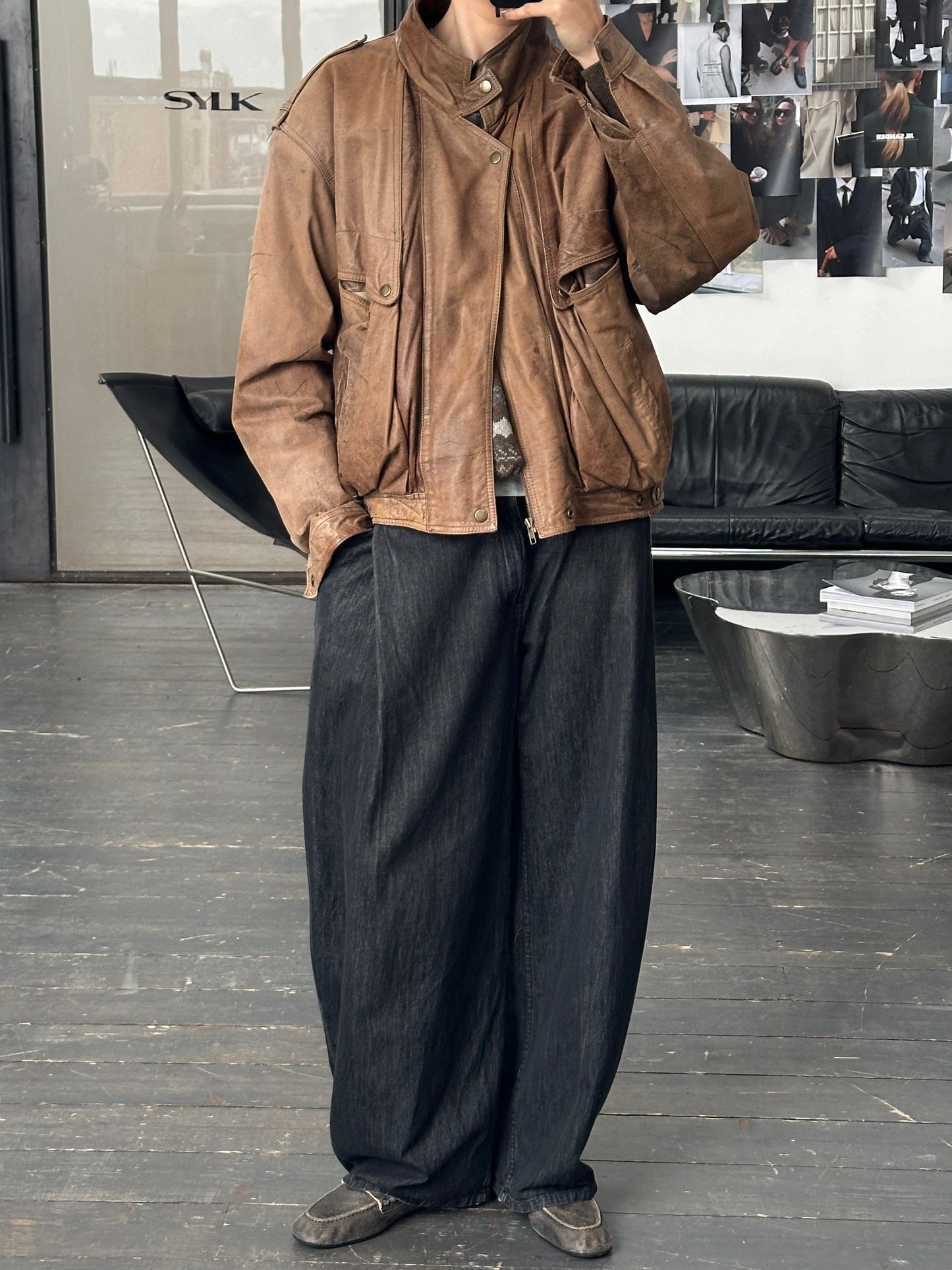 Vintage 1990s High Neck Aged Leather Bomber Jacket - M/L