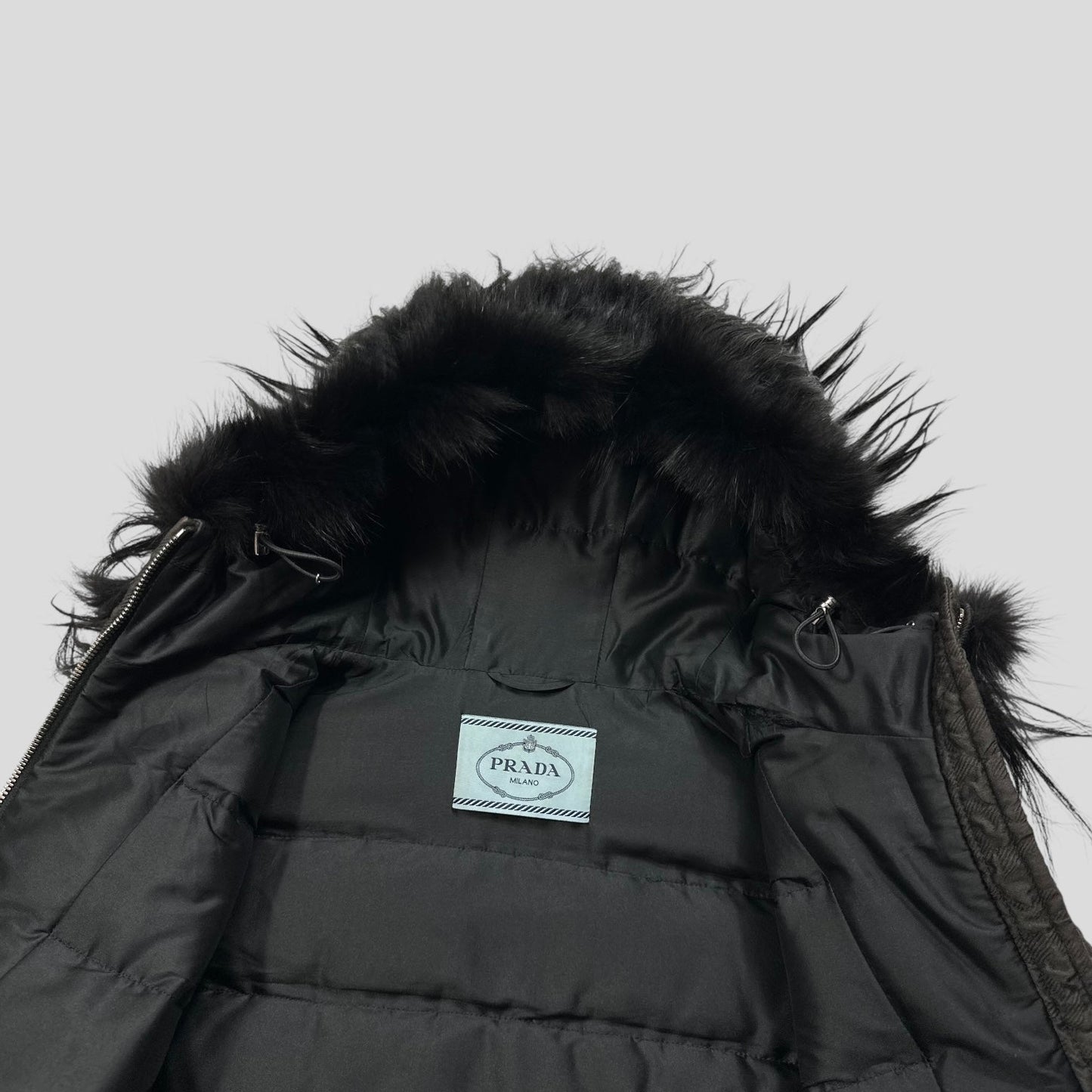 Prada 2014 Extreme Fur Hooded Silk & Wool Textured Puffer Jacket - IT44 (S) | Default Title, Blue