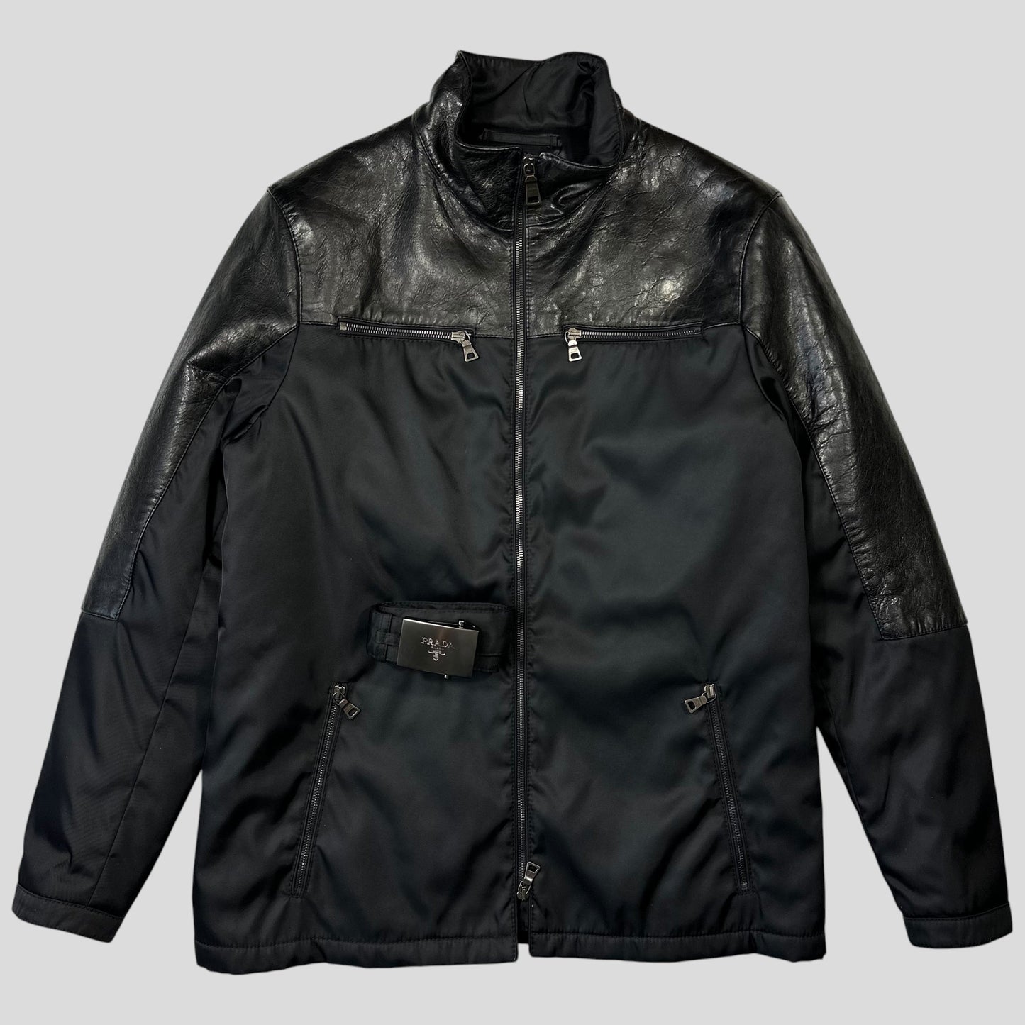 Prada Milano 2011 Gabardine Nylon Leather Jacket + Belt - M | Default Title, Black