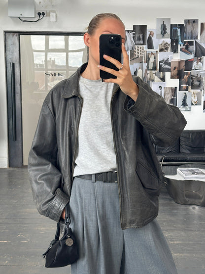 Vintage 1990s Aged Boxy Leather Jacket - L/XL