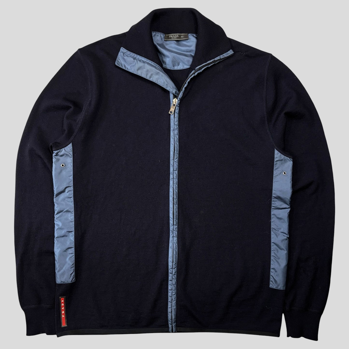 Prada Milano 2017 Nylon Panelled Red Tab Logo Knit Cardigan - IT52 | O/S, Multicoloured