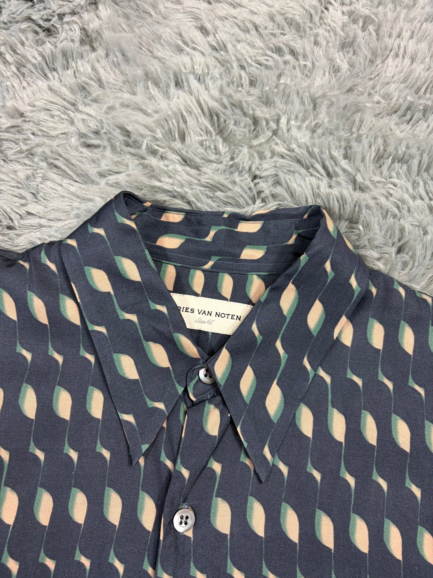 Dries Van Noten SS24 Satin Graphic Print Cuban Shirt - M | O/S, Blue