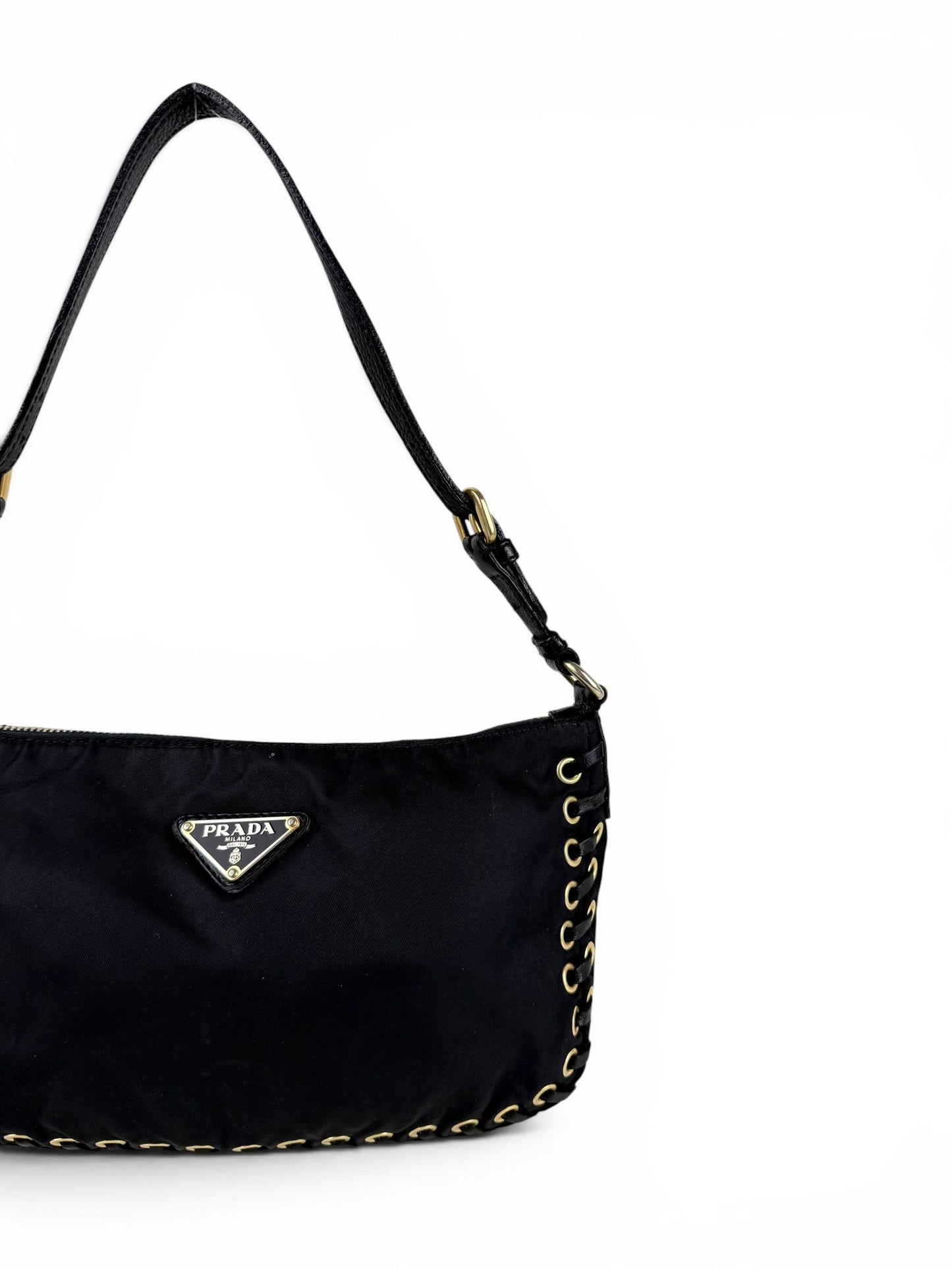 2000s RARE Prada Nylon Grommet Stitch Shoulder Bag | O/S, Black