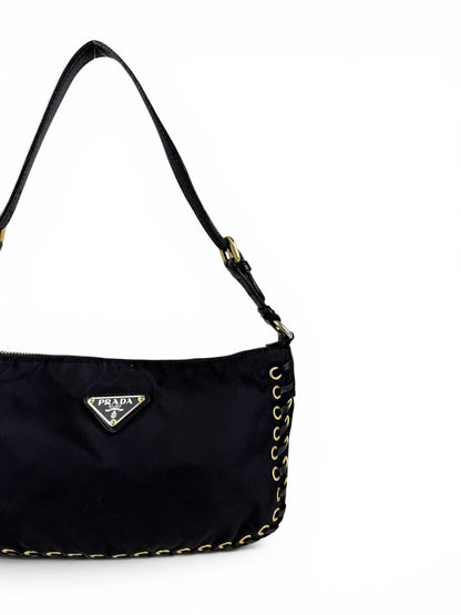 2000s RARE Prada Nylon Grommet Stitch Shoulder Bag | O/S, Black