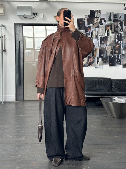 Vintage 1990s Leather High Neck Trench Coat - L