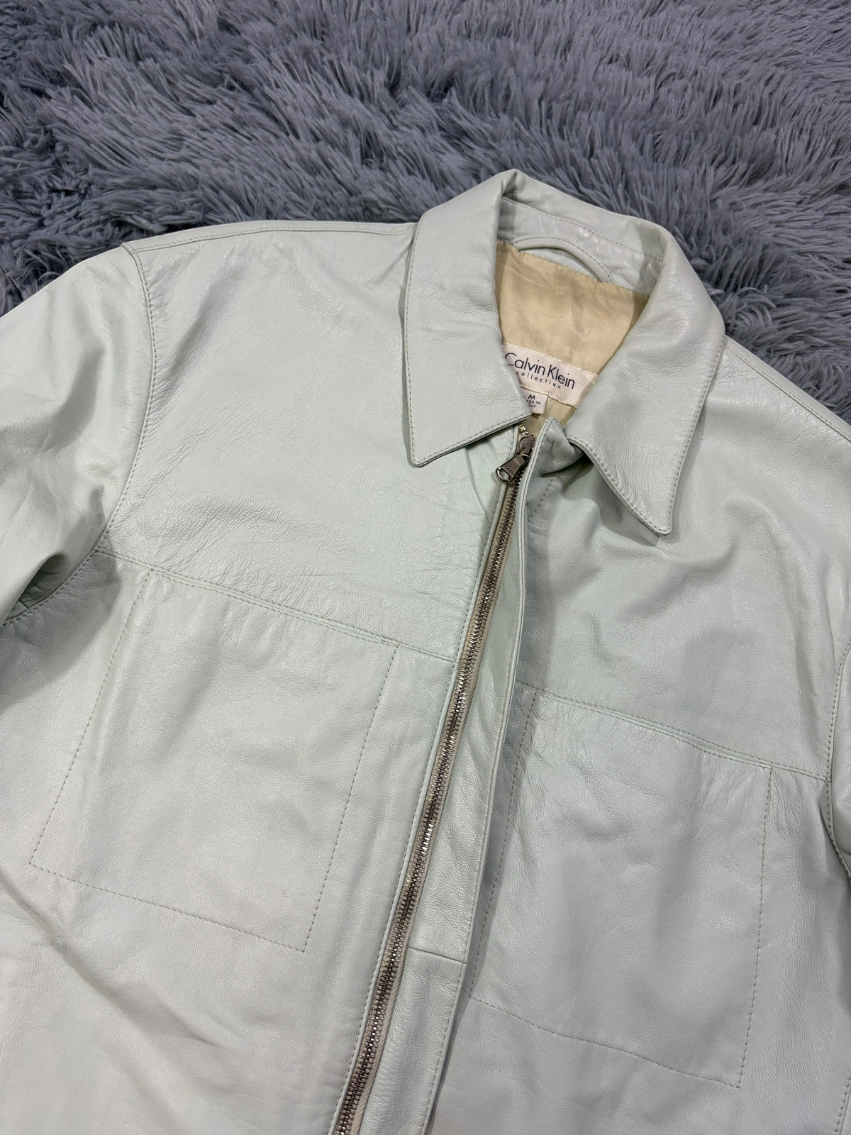 Calvin Klein Collection 00’s Mint Green Leather Fitted Trucker Jacket - M | O/S, Green