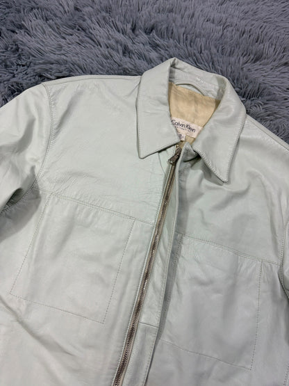 Calvin Klein Collection 00’s Mint Green Leather Fitted Trucker Jacket - M | O/S, Green