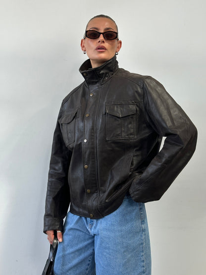 Vintage High Neck Leather Jacket - XL