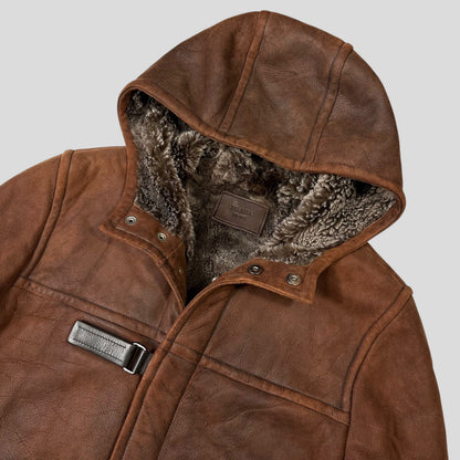 Prada Milano 2010 Sheepskin Fur & Leather Strap Hooded Coat - IT50 | O/S, Brown
