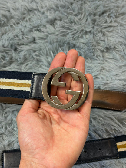 Gucci by Tom Ford 00’s Metal GG Canvas Web Logo Striped Belt | O/S, Blue