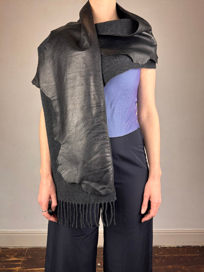 Jean Paul Gaultier leather wool scarf | O/S, Black