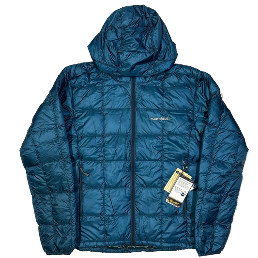 Blue Montbell Superior Down Parka puffer jacket with hood and tags
