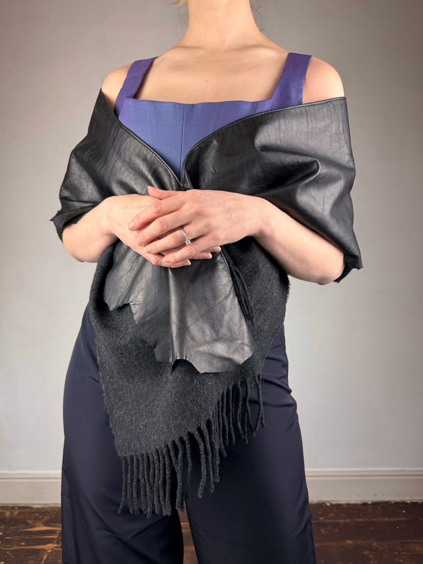 Jean Paul Gaultier leather wool scarf | O/S, Black