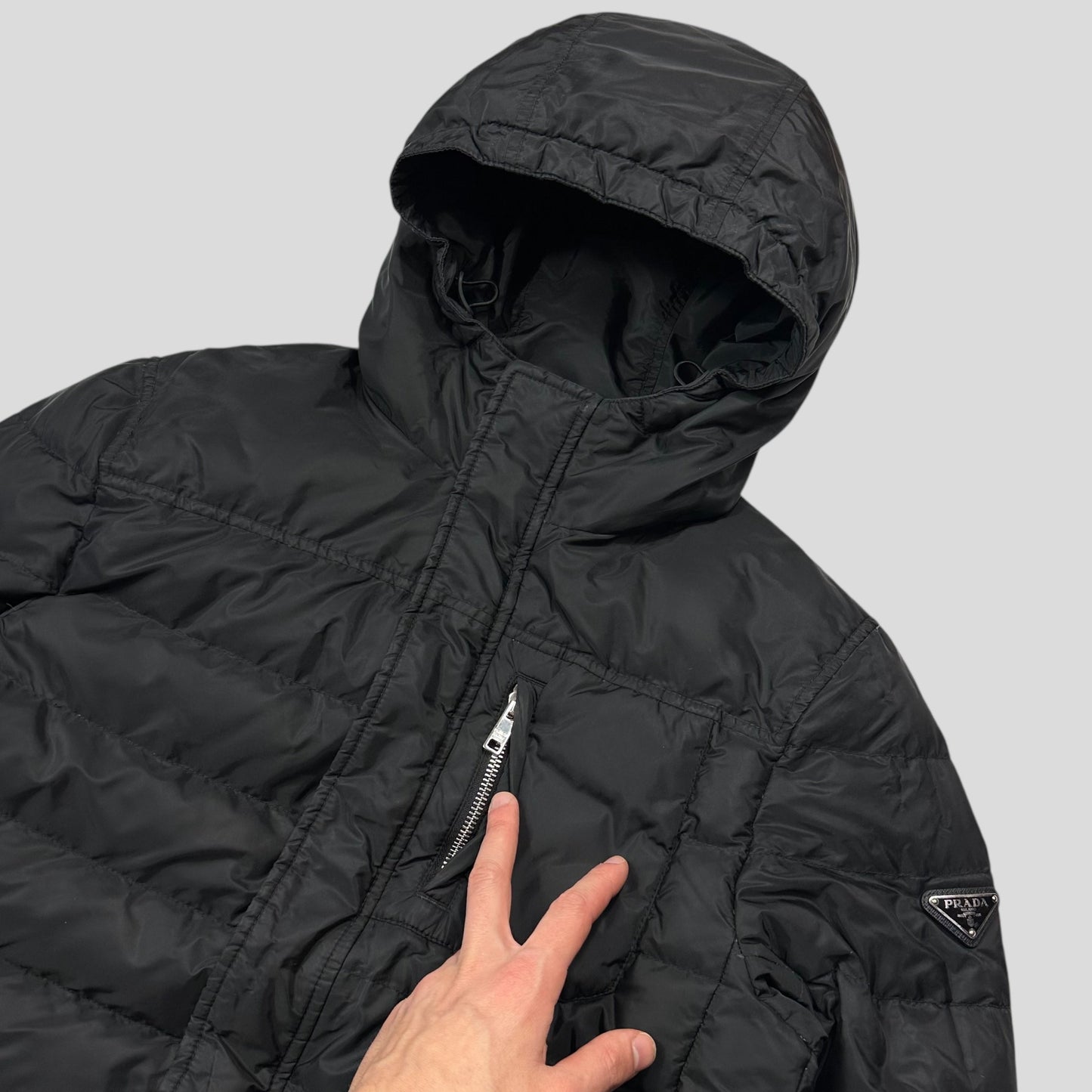 Prada 2018 Nylon Down Tri-Pocket Plaque Logo Puffer - S/M