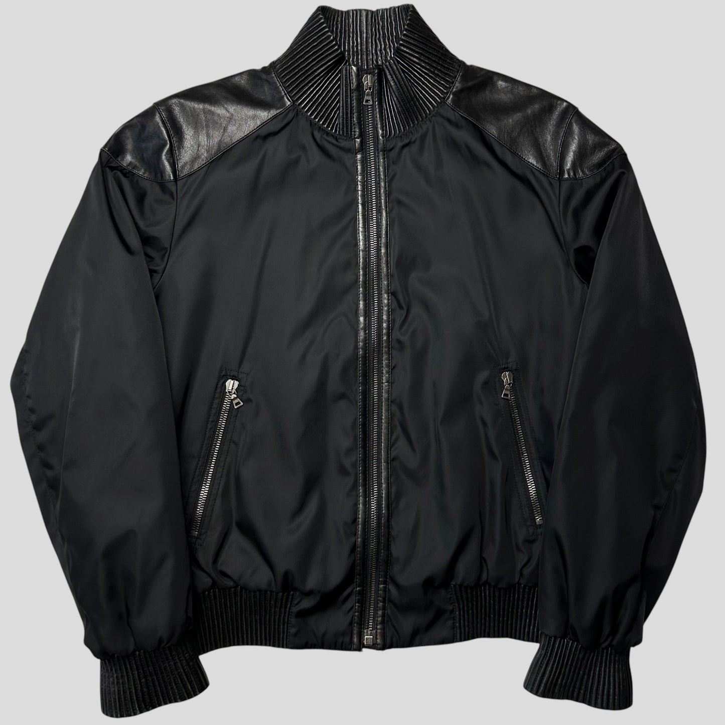 Prada Milano 2007 Gabardine Nylon + Leather Bomber Jacket - IT52 (L) | Default Title, Black
