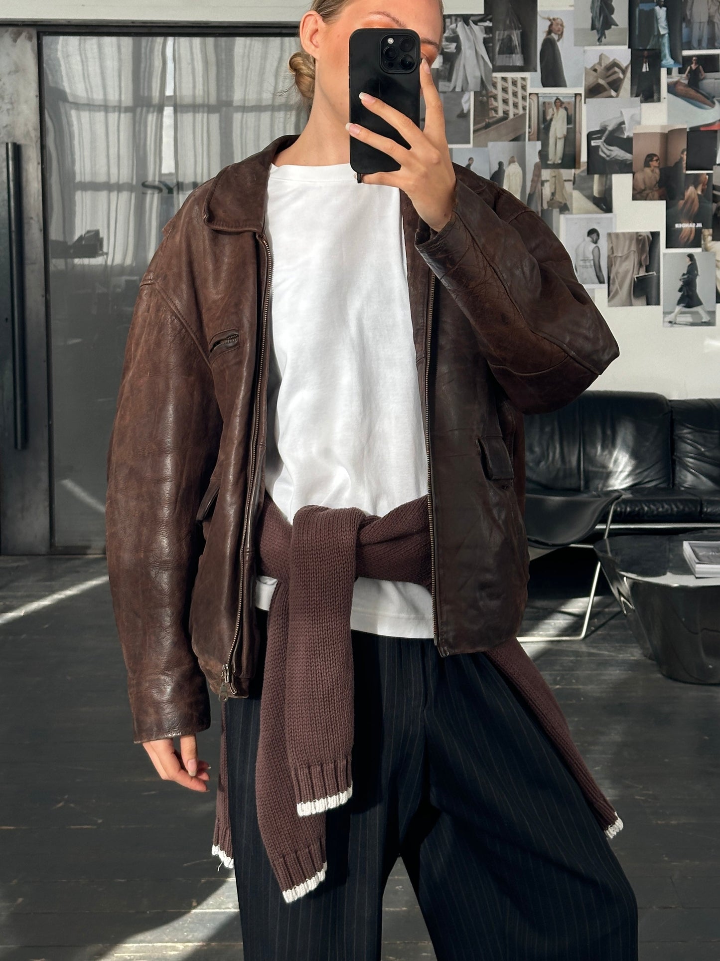 French Vintage 1980s Aged Boxy Leather Jacket - L