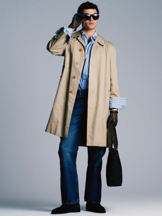Burberry 1990s pure cotton high neck trench coat in beige, full view showing classic design and high collar.