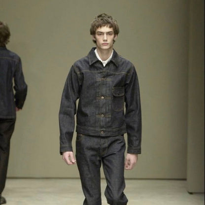 Miu Miu 2001 Runway Denim Fiammoto Pleated Work Jacket - S/M | Default Title, Red