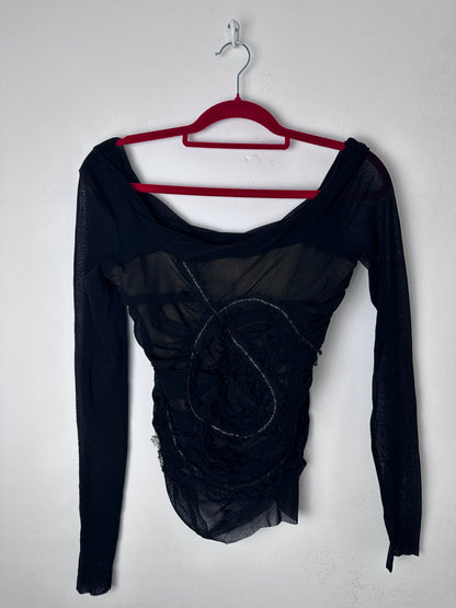 Black bodysuit on a white background with a red hanger.