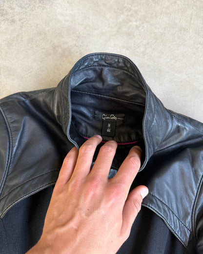 Black Double Layer Leather and Fabric Jacket – M-on a concrete background