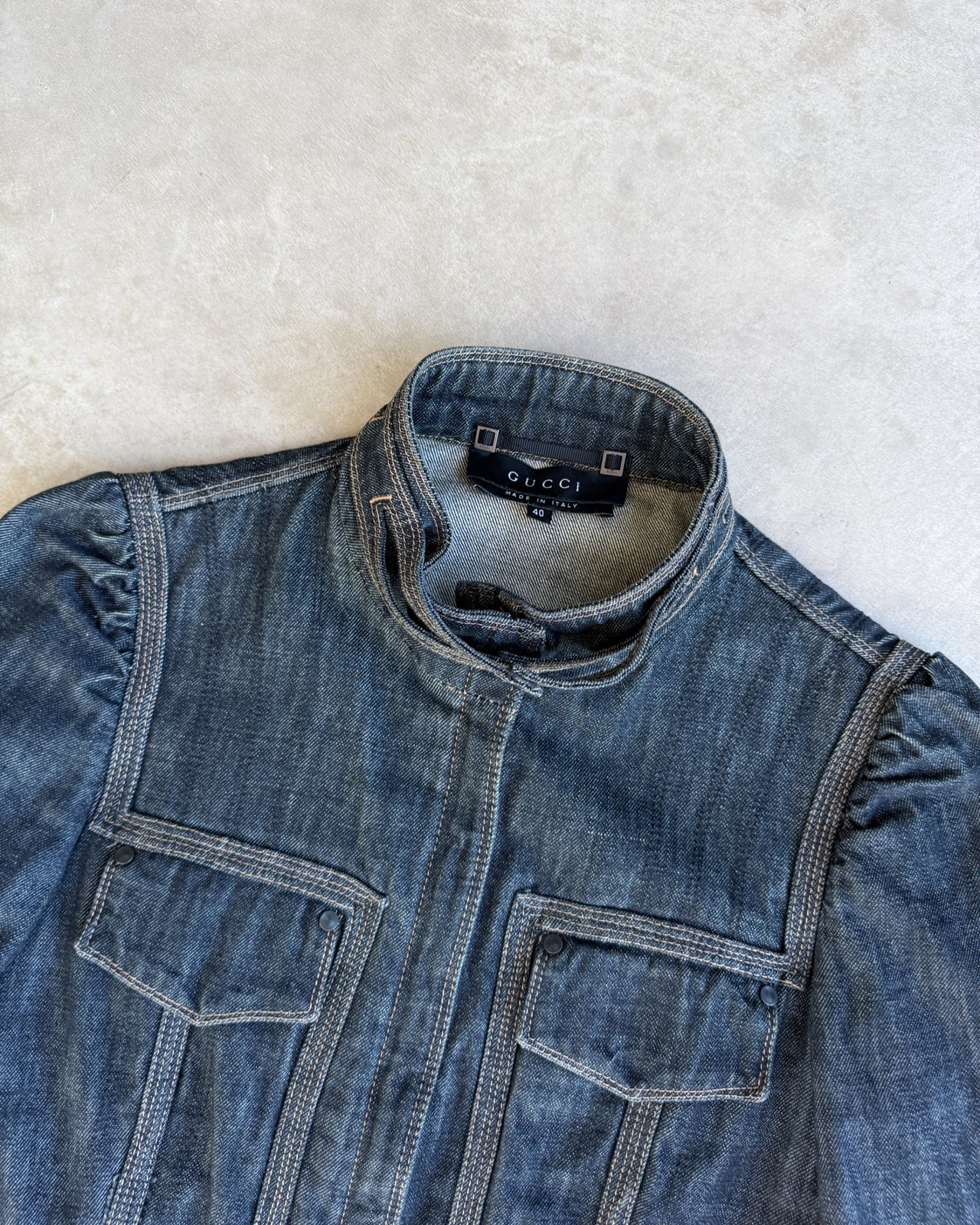 Gucci 2002 by Tom Ford Denim Jacket – S-on a concrete background