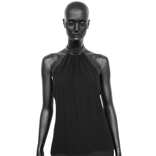 Gucci 2000s sleeveless top with leather band around the neck and plunging back. Size IT 40 / UK 8. Available at Artefact Archive.
