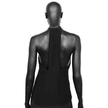 Gucci 2000s sleeveless top with leather band around the neck and plunging back. Size IT 40 / UK 8. Available at Artefact Archive.