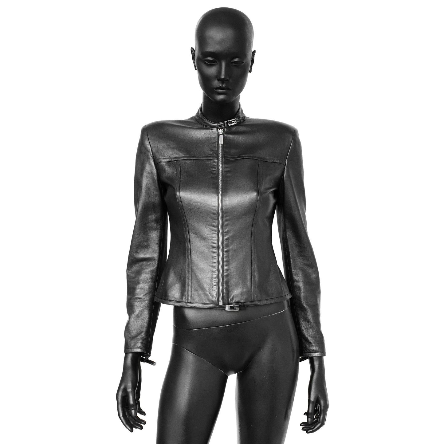 Gucci FW 1997 Tom Ford era leather jacket with metal g buckle closures, structured shoulders and fitted waist. Size IT 38 / UK 6. Available at Artefact Archive.
