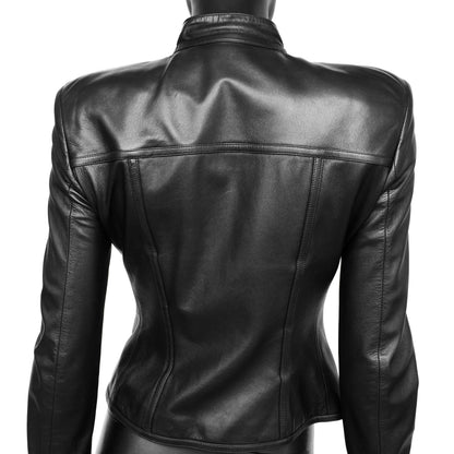 Gucci FW 1997 Tom Ford era leather jacket with metal g buckle closures, structured shoulders and fitted waist. Size IT 38 / UK 6. Available at Artefact Archive.