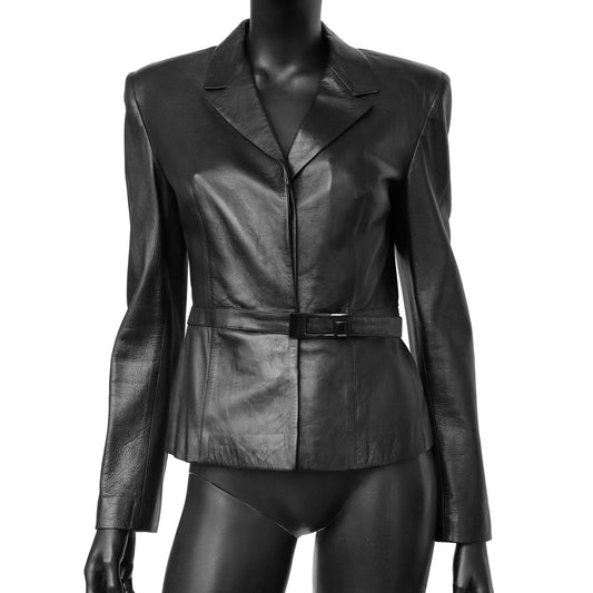Gucci SS 1998 Tom Ford era tailored leather blazer jacket with a large embossed metal G buckle closure at the waist. Size IT 42 / UK 10.  Available at Artefact Archive.