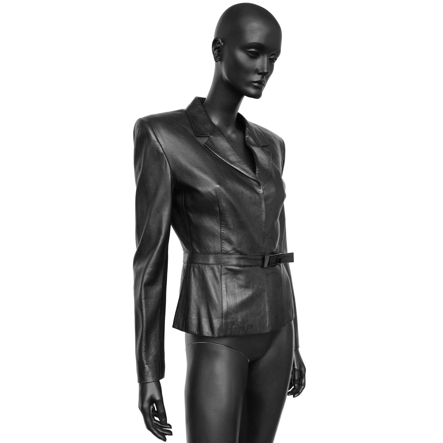 Gucci SS 1998 Tom Ford era tailored leather blazer jacket with a large embossed metal G buckle closure at the waist. Size IT 42 / UK 10.  Available at Artefact Archive.