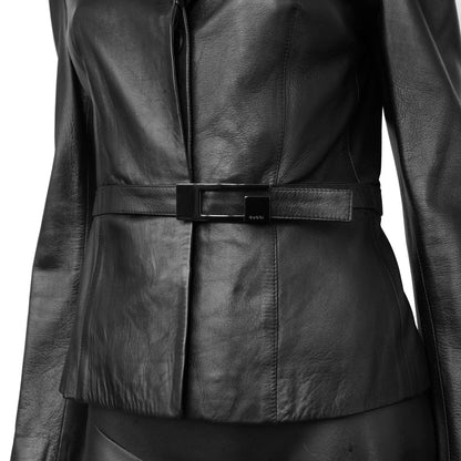 Gucci SS 1998 Tom Ford era tailored leather blazer jacket with a large embossed metal G buckle closure at the waist. Size IT 42 / UK 10.  Available at Artefact Archive.