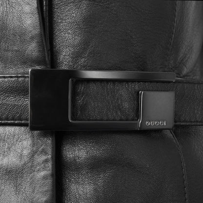 Gucci SS 1998 Tom Ford era tailored leather blazer jacket with a large embossed metal G buckle closure at the waist. Size IT 42 / UK 10.  Available at Artefact Archive.