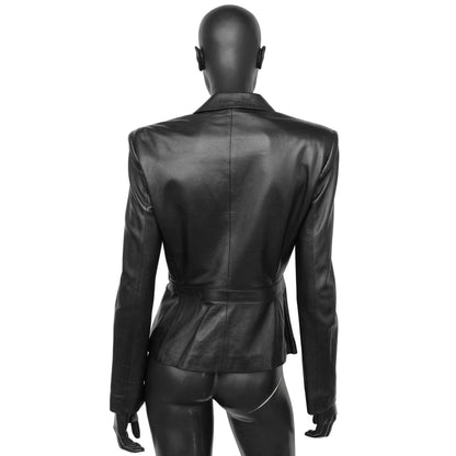Gucci SS 1998 Tom Ford era tailored leather blazer jacket with a large embossed metal G buckle closure at the waist. Size IT 42 / UK 10.  Available at Artefact Archive.