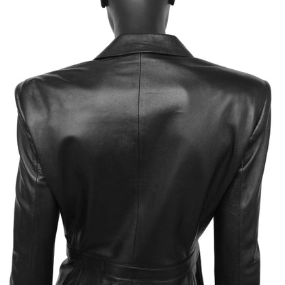 Gucci SS 1998 Tom Ford era tailored leather blazer jacket with a large embossed metal G buckle closure at the waist. Size IT 42 / UK 10.  Available at Artefact Archive.