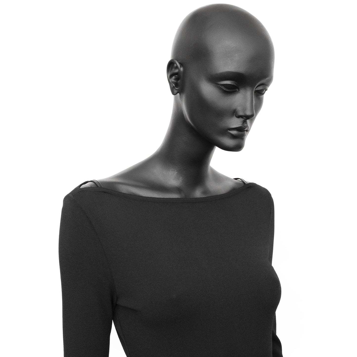 Gucci SS 1998 runway long sleeve bodycon dress with leather shoulder straps, wide neck and mid length. Size IT 44 / UK 12. Available at Artefact Archive.