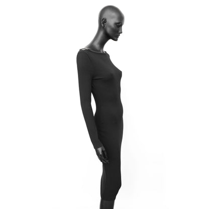 Gucci SS 1998 runway long sleeve bodycon dress with leather shoulder straps, wide neck and mid length. Size IT 44 / UK 12. Available at Artefact Archive.
