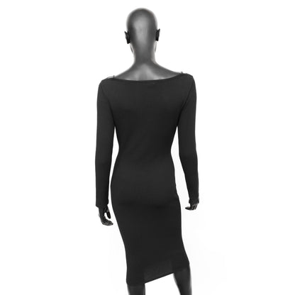 Gucci SS 1998 runway long sleeve bodycon dress with leather shoulder straps, wide neck and mid length. Size IT 44 / UK 12. Available at Artefact Archive.