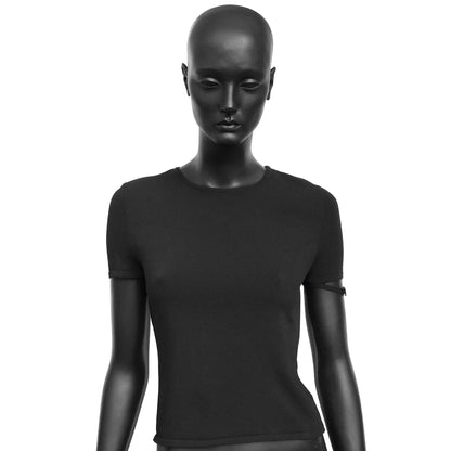 Gucci by Tom Ford SS 1998 viscose knit short sleeve top with a sleeve cutout featuring an engraved metal plate. Size IT 42 / UK 8-10.