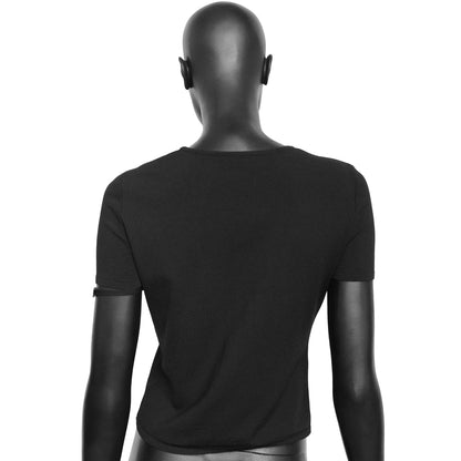 Gucci by Tom Ford SS 1998 viscose knit short sleeve top with a sleeve cutout featuring an engraved metal plate. Size IT 42 / UK 8-10.