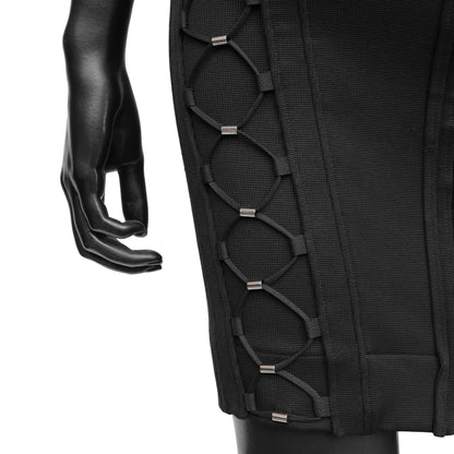 Gucci SS 2010 dress designed by Frida Giannini with bungee-inspired lace up detailing on the sides and upper chest. Size S. Available at Artefact Archive.