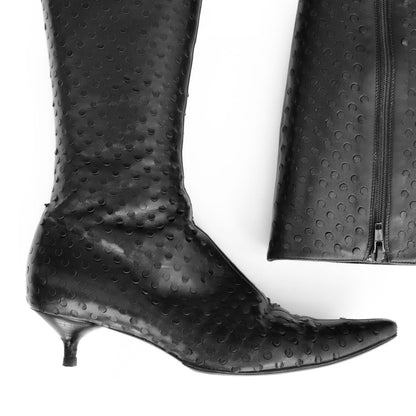 Helmut Lang SS 2001 perforated leather knee high boots with a small stiletto heel. Size EU 37.5 / UK 4.5. Available at Artefact Archive.