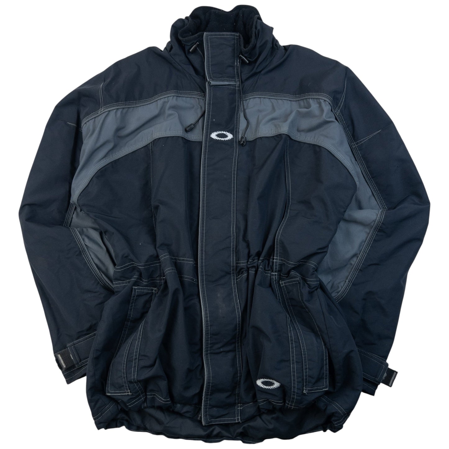 OAKLEY black and grey zip-up snowboarding jacket with embroidered logo and adjustable cuffs.